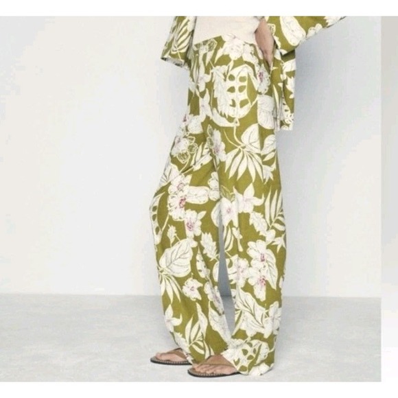 Zara Floral Print Linen Blend Pants Size L NWT - Picture 9 of 9